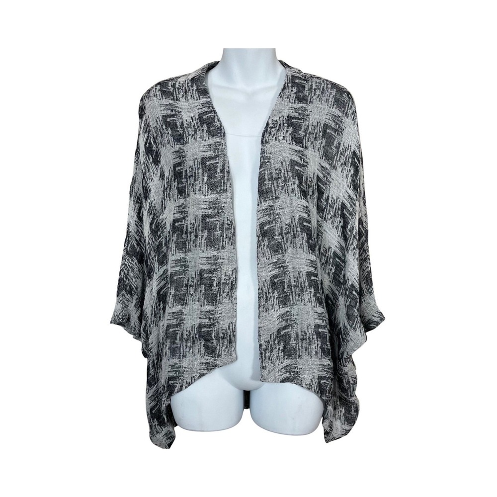 Yushi Cardigan Women M Black White Abstract Linen Blend Lagenlook Open Front